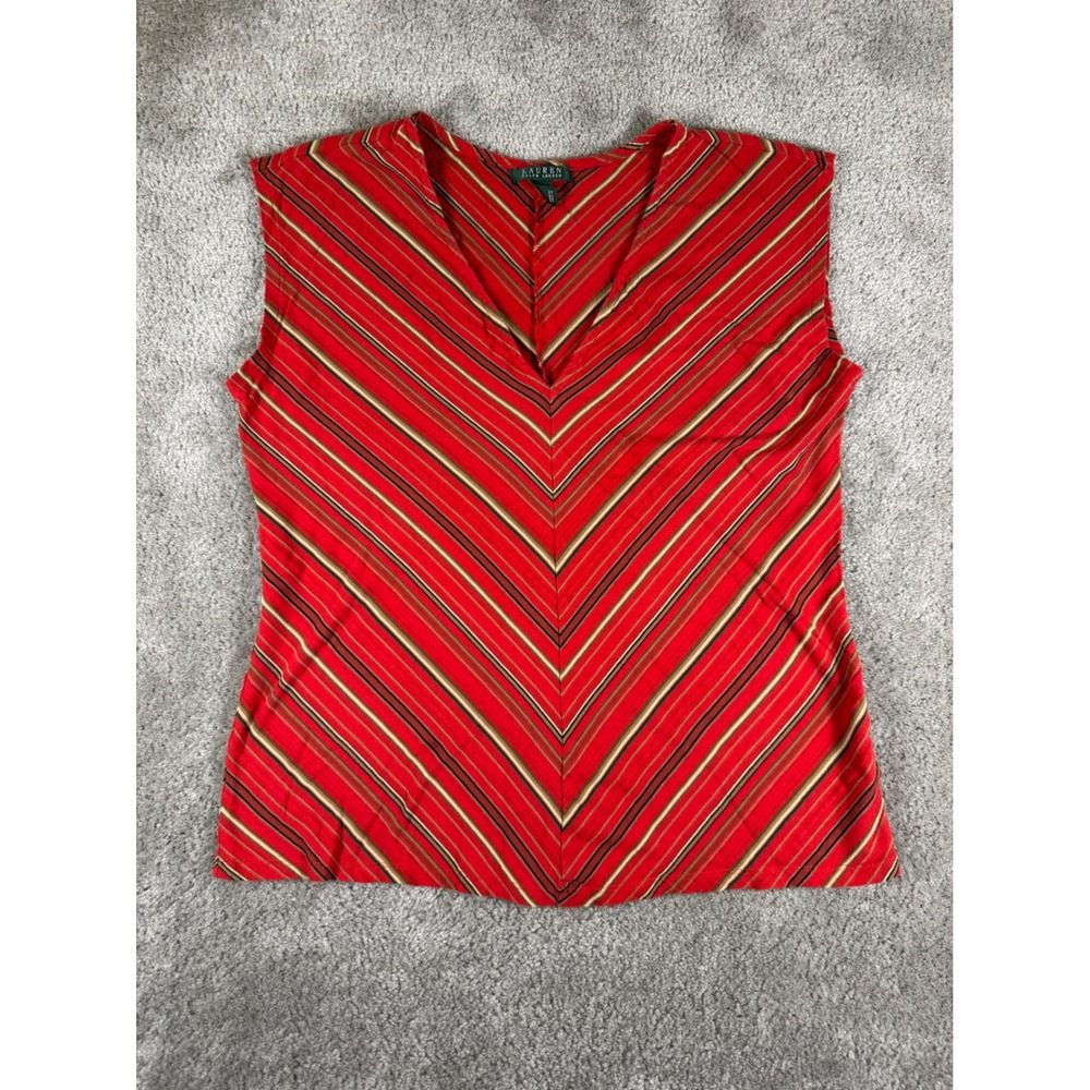 Lauren Ralph Lauren Red Chevron Stripe V-Neck Sleeveless Cotton Top XL